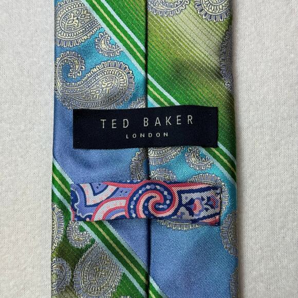 TED BAKER London Mens 100% Silk 60”x3”  Necktie‎ Designer EUC Blue Green Paisley - Picture 5 of 6